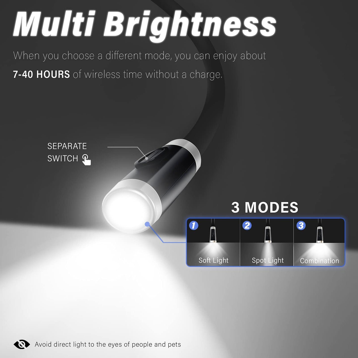 Skorter | Vekkia Rechargeable Led Neck Light, 3 Brightness Levels, Flexible Arms, Black Reading Light