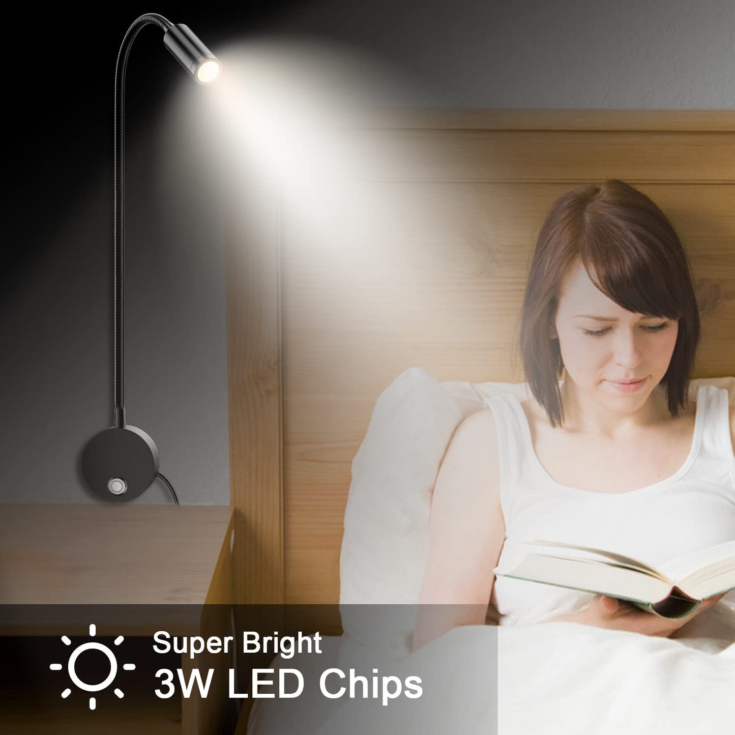 Skorter | Eray Wall Mounted Led Reading Lamp, Dimmable, 15" Goose Neck, Usb Charging, 2 Pack
