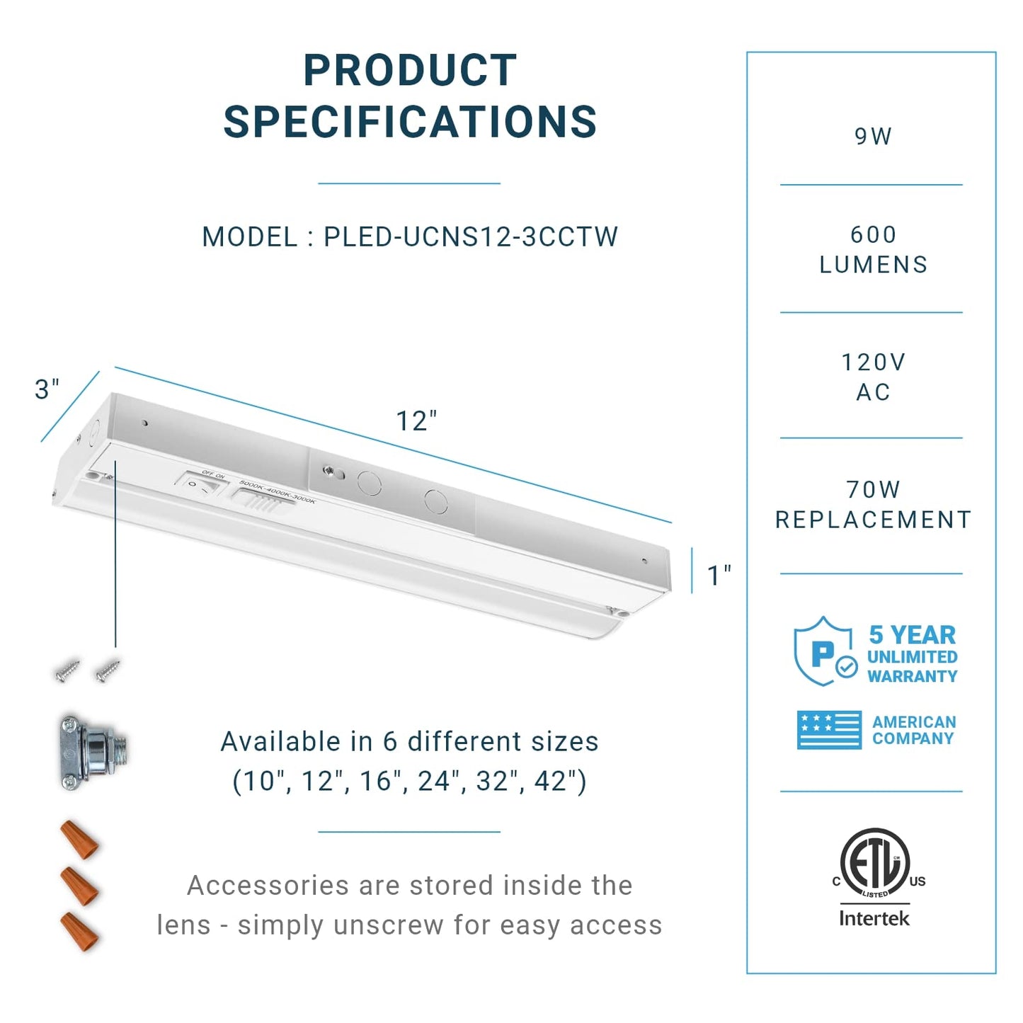 Skorter | Parmida Led Under Cabinet Lighting, 12" Dimmable, 9W, 3Cct, Etl Listed, White