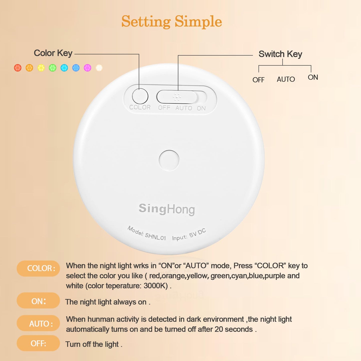 Skorter | Singhong Motion Sensor LED Night Light, USB Rechargeable, 8 Colors, 3 Modes, 2 Pack, White