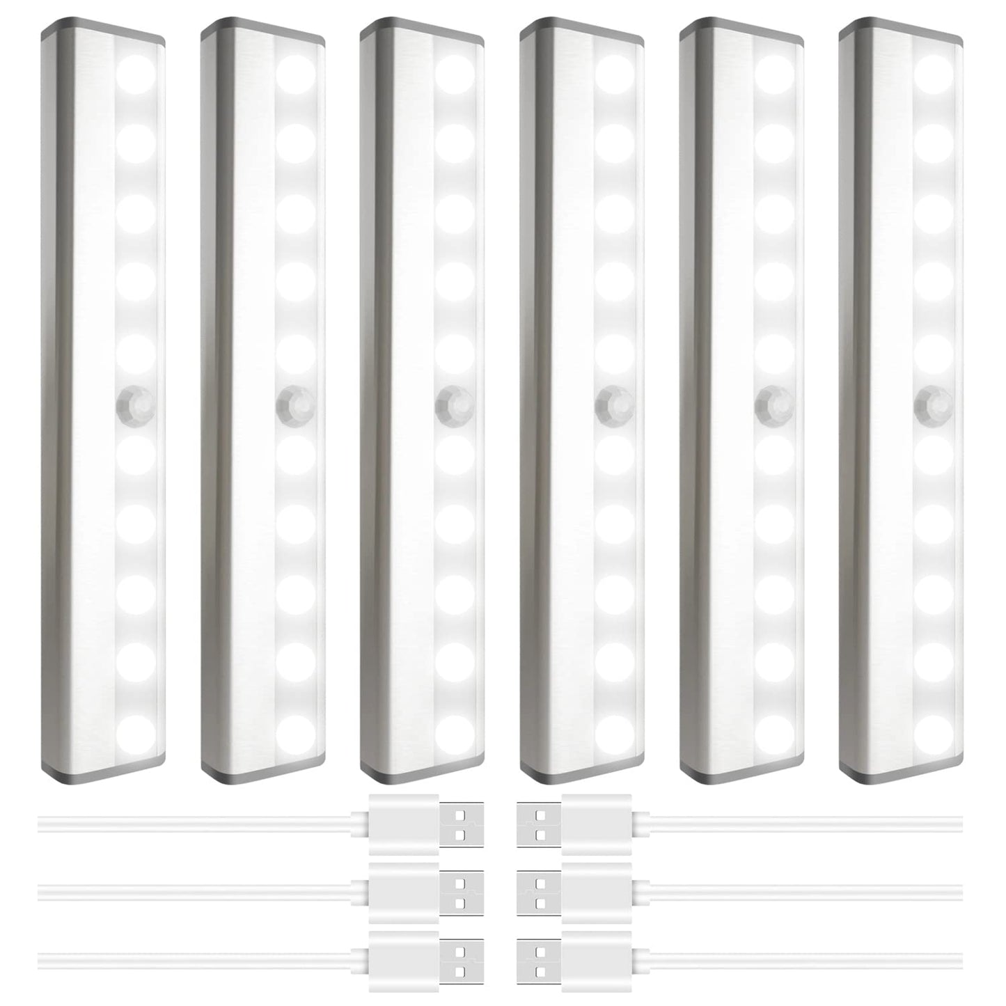 Skorter | Sixdefly 6 Pack Led Motion Sensor Clothes Hanger Light, Wireless Rechargeable Clear White Night Light Bar