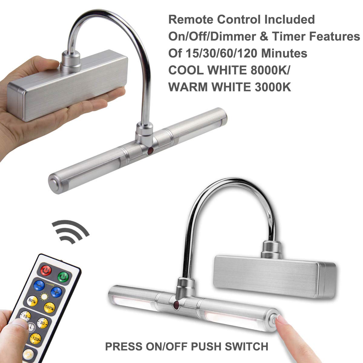 Skorter | Biglight LED Picture Lighting, Battery Powered, Remote Control, Timers, Dimmer, 8.8", Silver