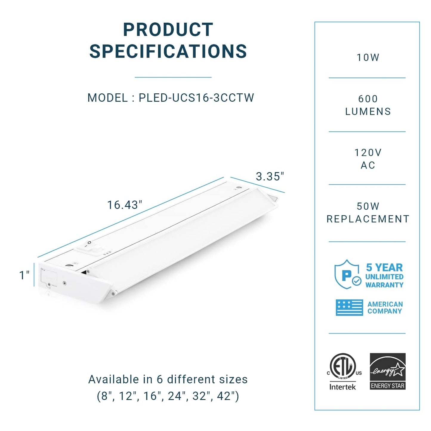 Skorter | Parmida LED Under Cabinet Lighting, 16" Dimmable, 3Cct Color Selectable, Rotatable, Fixed Wiring