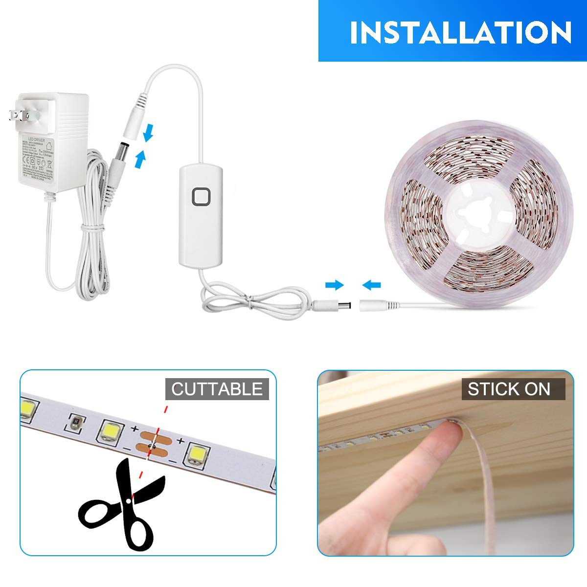 Skorter | Myplus 16.4 Ft Under Cabinet LED Strip Light Set, Dimmer Control, Warm White 3000K, 1050