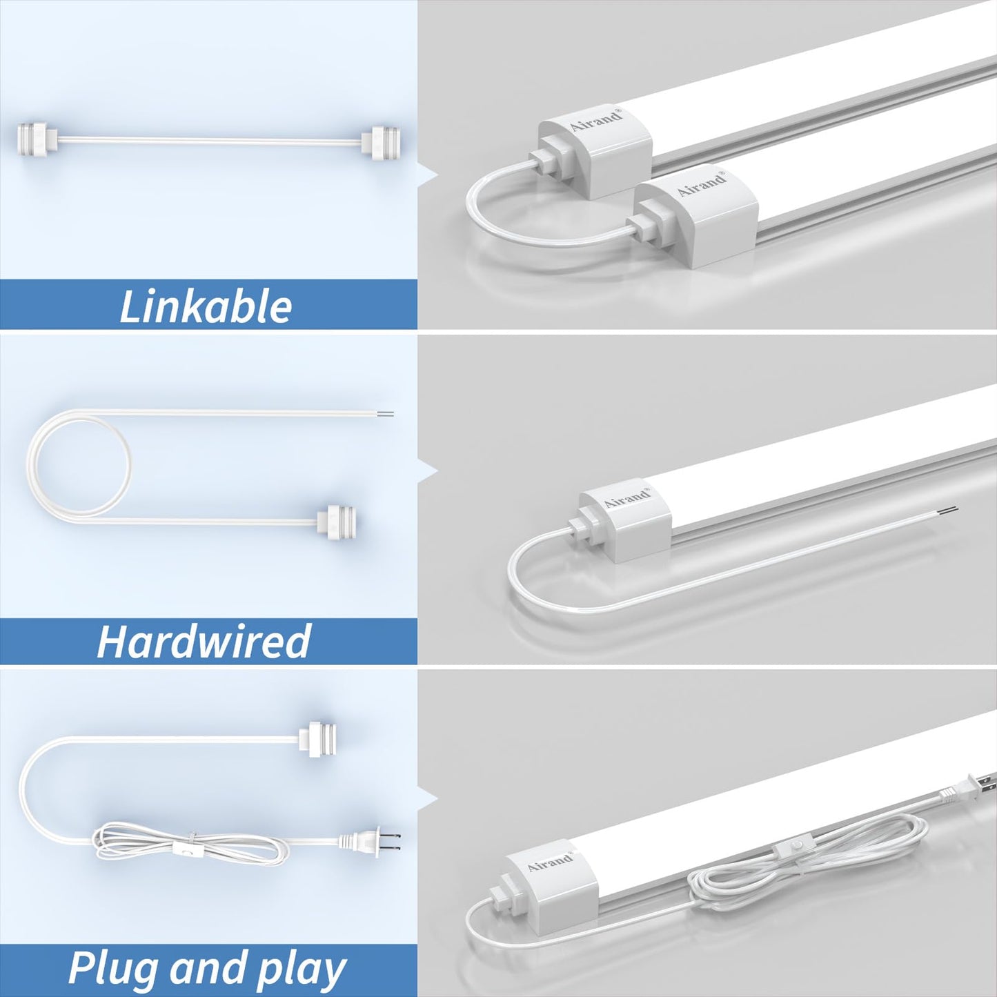 Skorter | Airand 4Ft LED Shop Lights, 5000K Rechargeable Ceiling Lamp, 36W With Plug, 3600