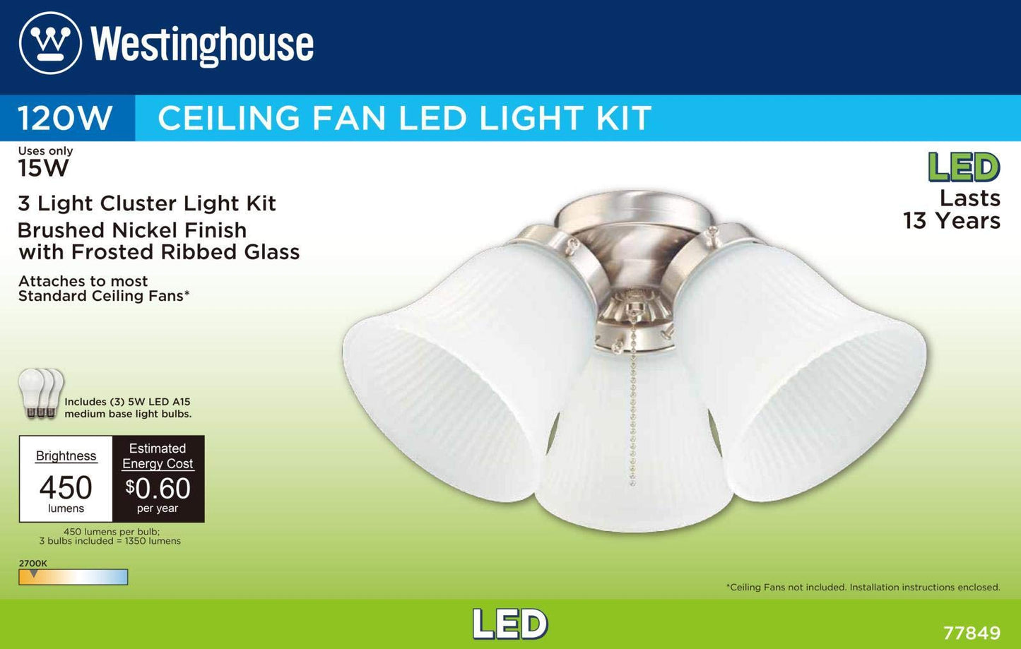 Skorter | Westinghouse 7784900 LED Ceiling Fan Light Kit, Brushed Nickel, Frosted Glass, White