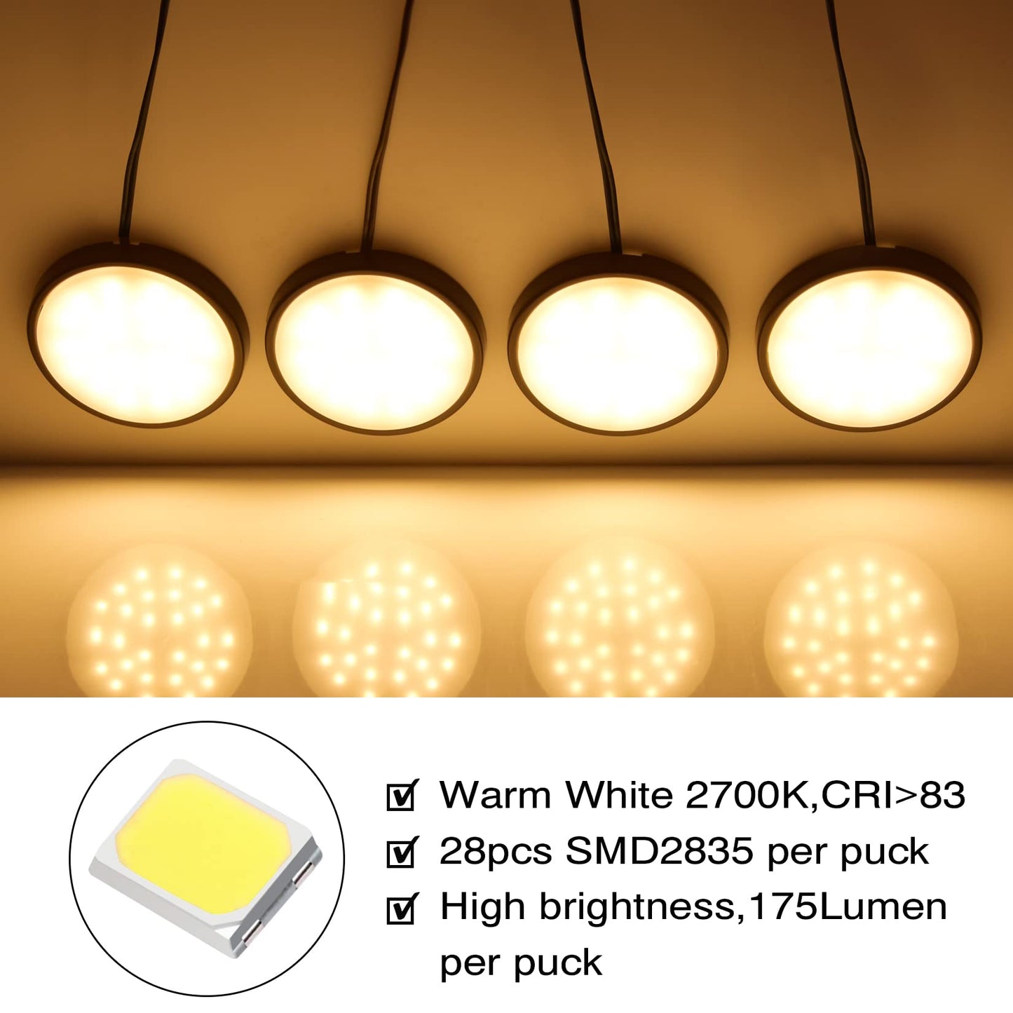Skorter | Wobane LED Under Cabinet Light, Dimmable Puck Light, 700 Lumen, Warm White, Set of 4