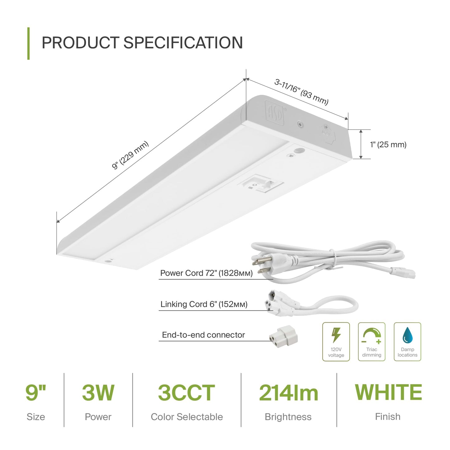 Skorter | Asd Dimmable Led Under Cabinet Lighting, 9 Inches, 3 Color LEVELS, Hardwired/Plug-In, White Finish