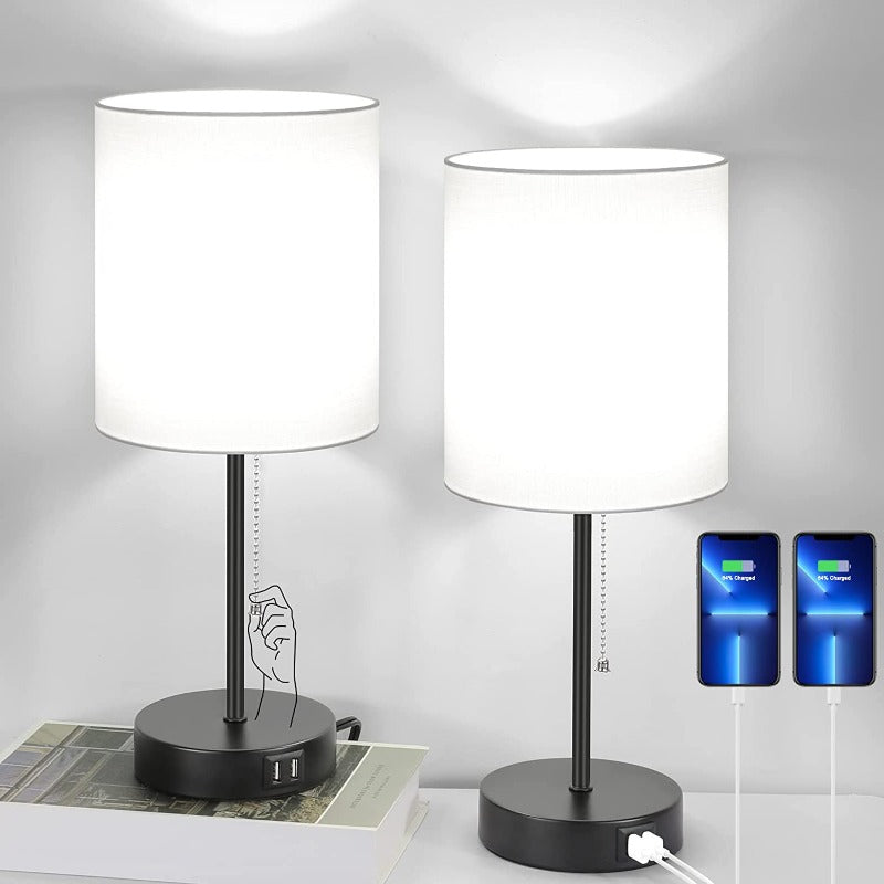 Skorter | Table lamp set of 2 with USB charging ports, gray bedside lamps with AC outlet, bedside lamps with pull switch, minimalist modern desk lamps with fabric shade for living room bedroom office