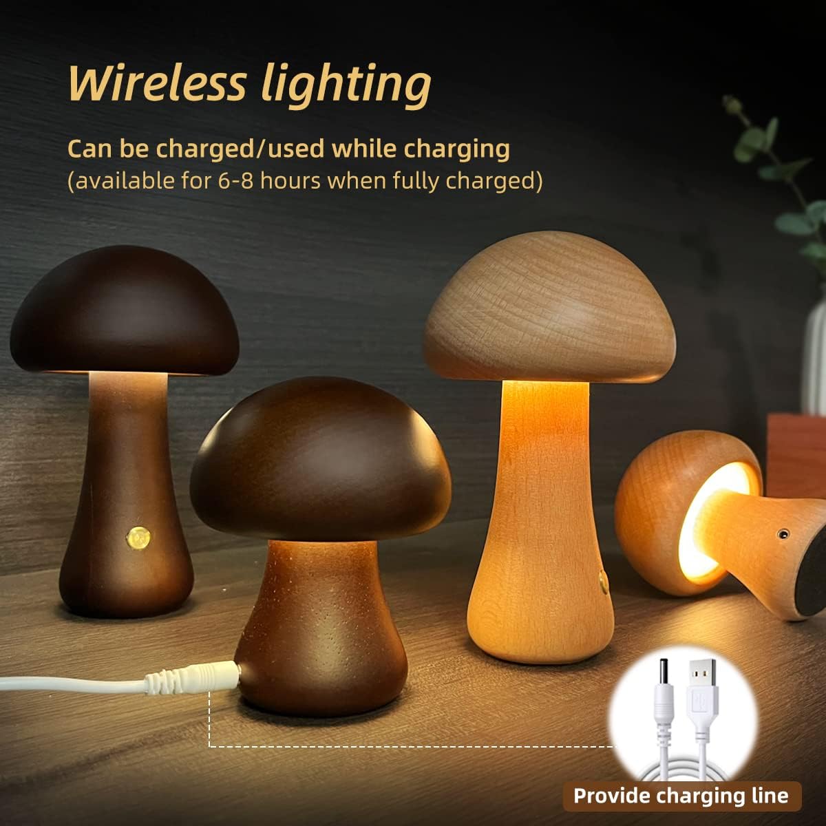 Skorter | LumoNight Wooden Mushroom Night Light – LED Bedside Lamp with Touch Control