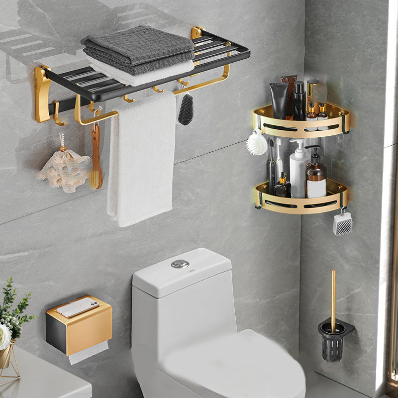 Skorter | Contemporary Bathroom Accessory Set Black & Golden Bath Shelf/Towel Bar