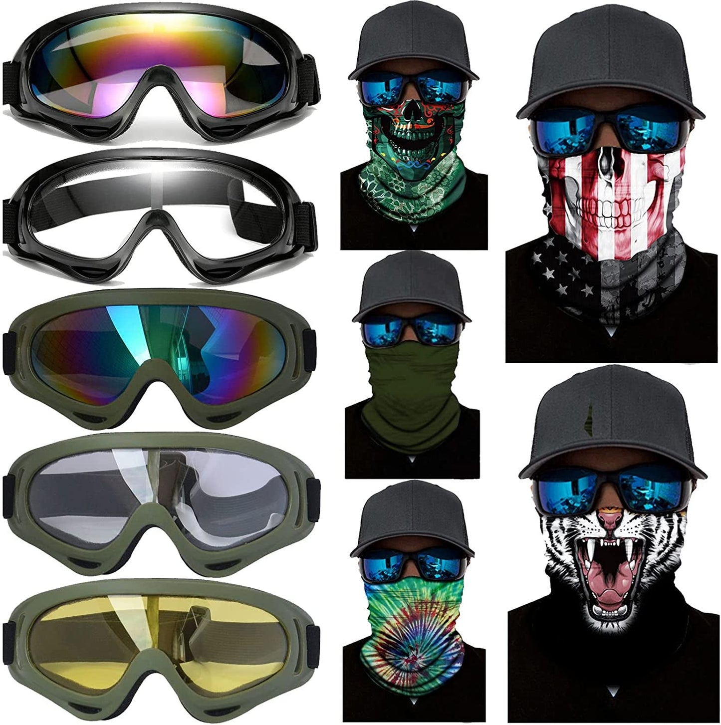 Skorter | 10 Packs Motorcycle Accessories, 5PCS Mountain Bike Ski Goggles Dustproof Windproof Safety Glasses and 5PCS Face Masks