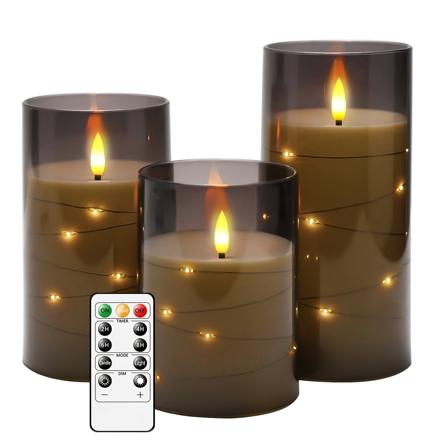 Skorter | Flameless LED Candle Holders With Star Shaped Light Chain – 3-Pack Gray (D3*H10.16cm12.7cm15.24cm) Included Remote Control & Timer