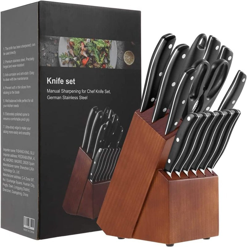 Skorter | 15-piece professional chef knife set with wooden block, high-carbon stainless steel with scissors, knife sharpener, and 6 serrated steak knives