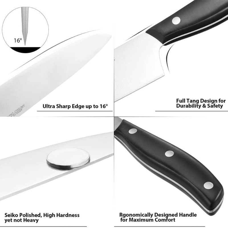 Skorter | 15-piece professional chef knife set with wooden block, high-carbon stainless steel with scissors, knife sharpener, and 6 serrated steak knives