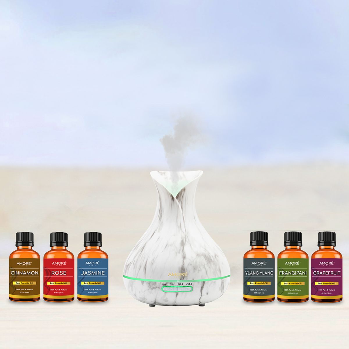 Skorter | 7-Piece: White Marble 300ml Ultrasonic Aroma Diffuser with Essential Oil Gift Set