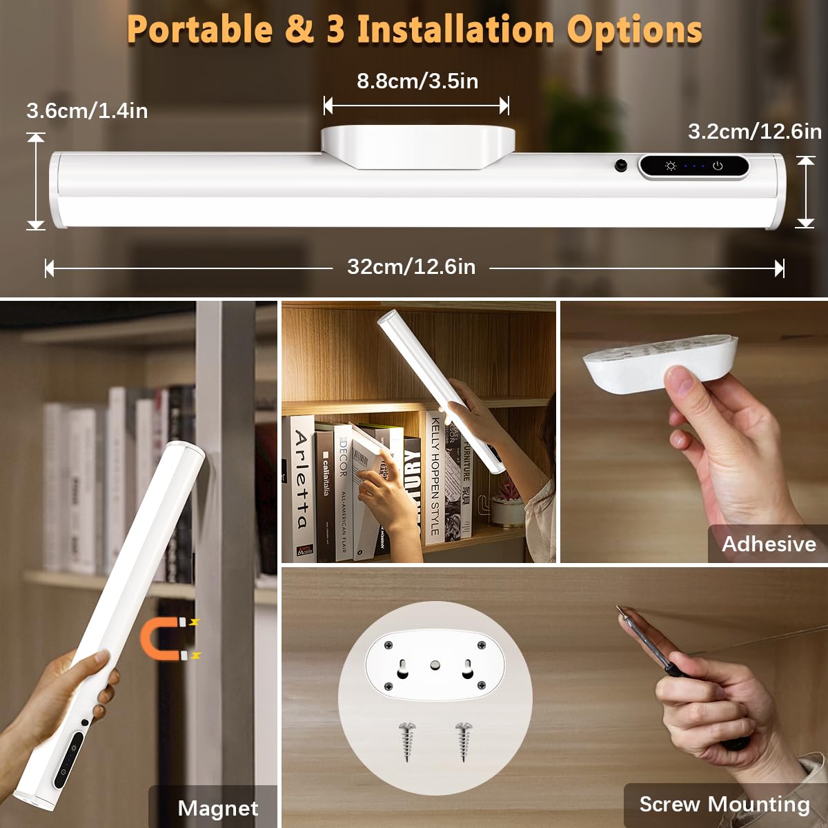 Skorter | Bravzurg Rechargeable Magnetic LED Strip Light - Wireless Under Cabinet Dimmable Lamp, White