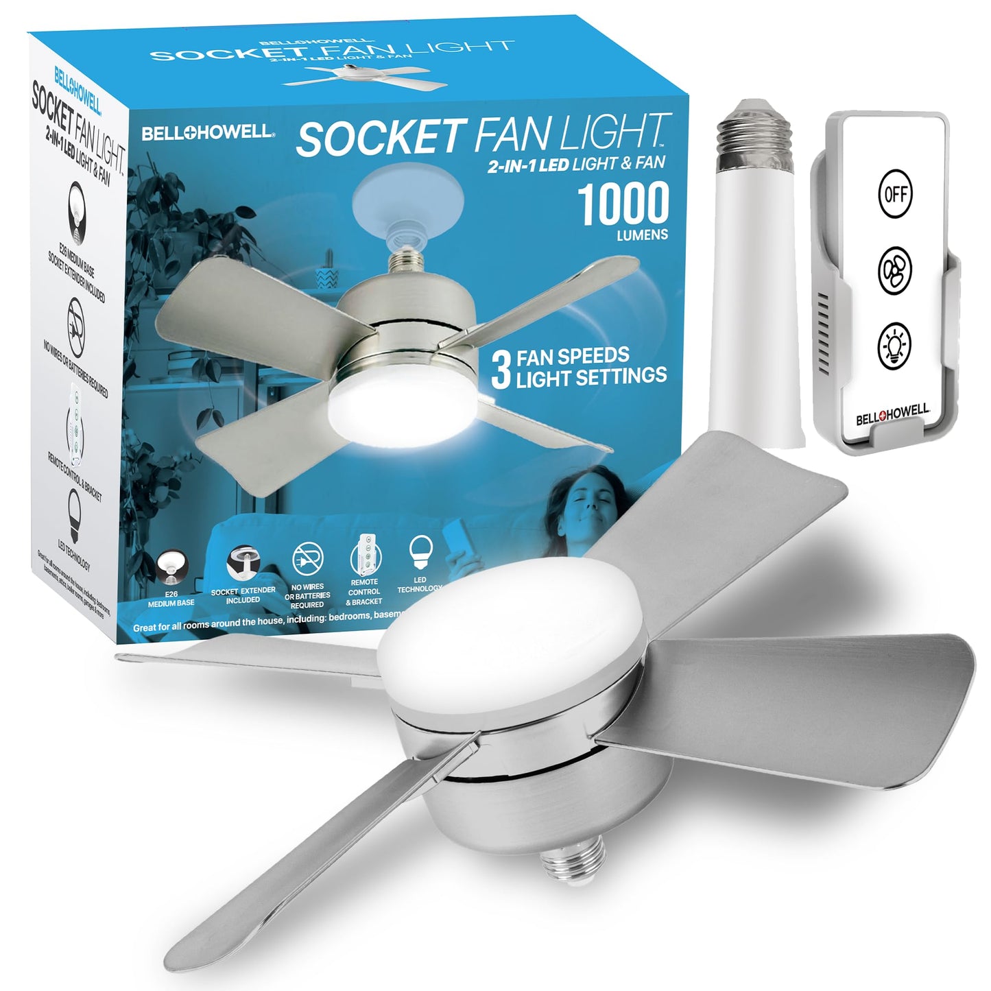 Skorter | Bell+Howell Cool Light Deluxe Silver Socket Fan – Led Ceiling Fan With Remote Control, 1000 Lumens