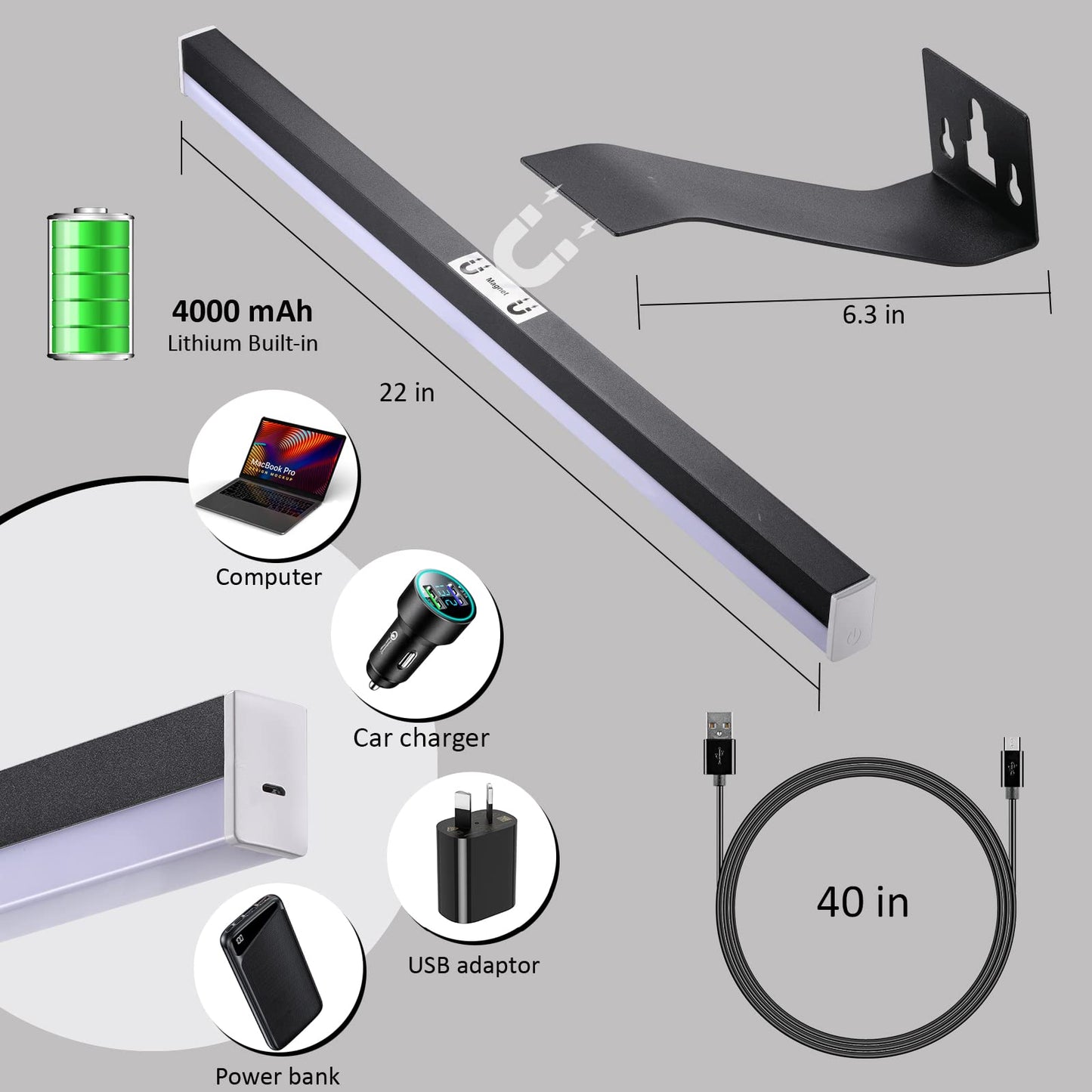 Skorter | Mioblue Rechargeable 22" Image light with remote control, dimmable 60Leds, wireless metal lamp