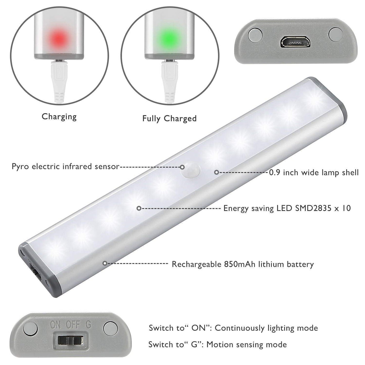 Skorter | Lepotec Stick On Cabinet Light, 10 Led Motion Sensor Under Counter Lighting, Warm White - 2 Pack