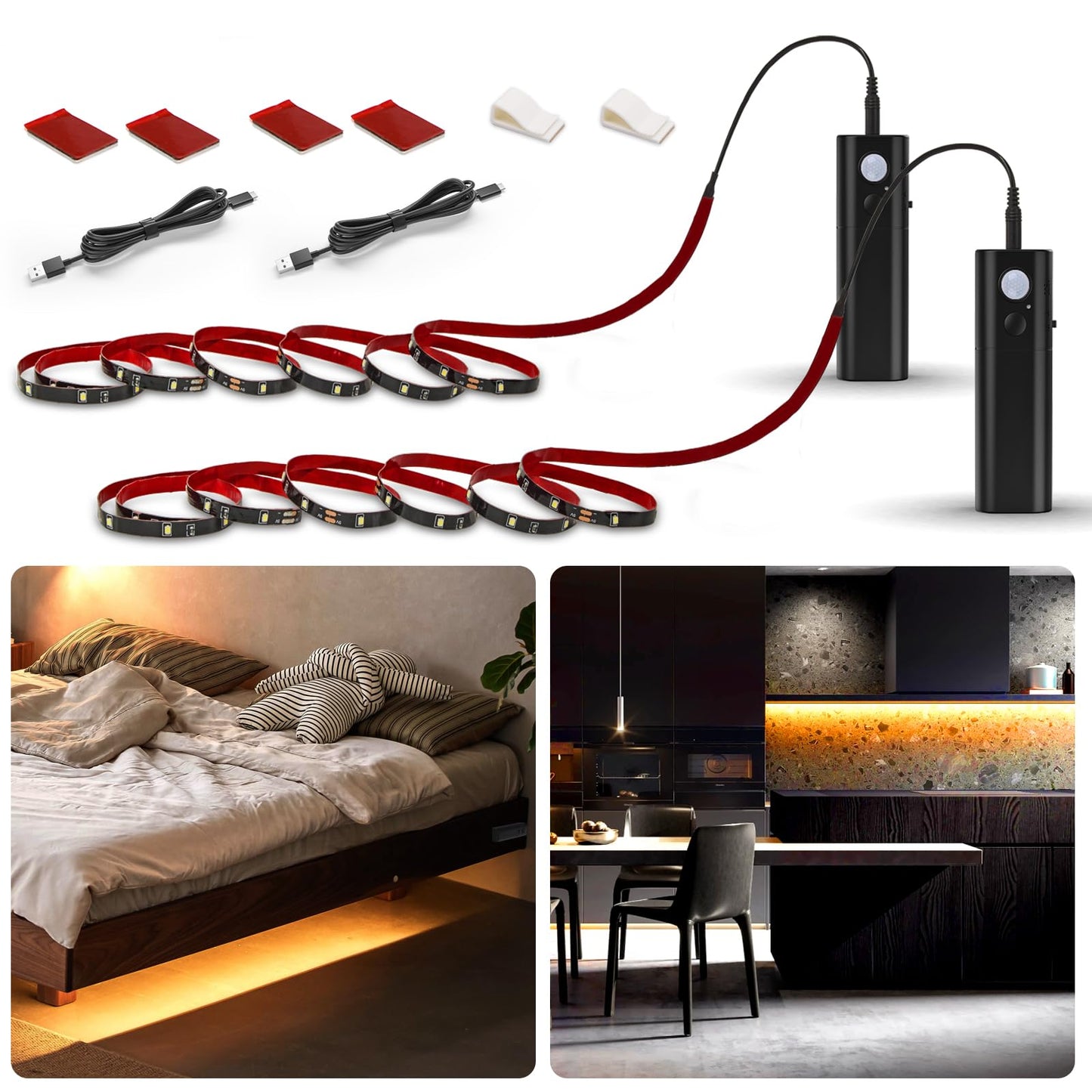 Skorter | Wobane LED Motion Sensor Light Strip, 2 Meter Warm White, Battery Powered, 2 Pack, Black