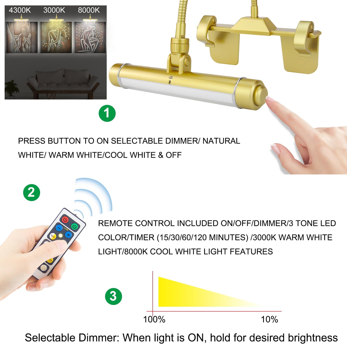 Skorter | Luxsway Wireless Picture Frame Light, Rechargeable Clip-On Art Lamp, 28 LEDs, Remote Control, Gold