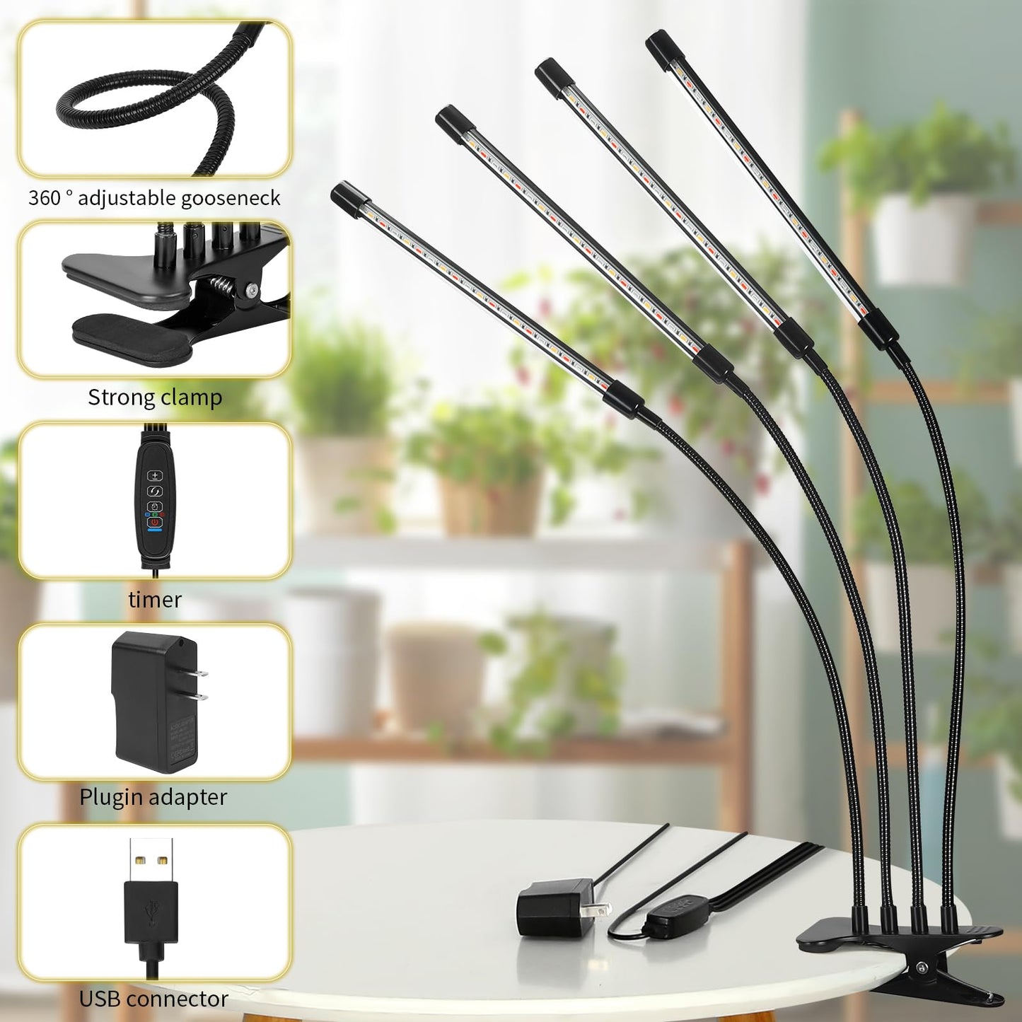Skorter | Widicoko LED Growth Light - 4 Heads Full Spectrum, Dimmable, Auto On/Off, Timing For Indoor Plants