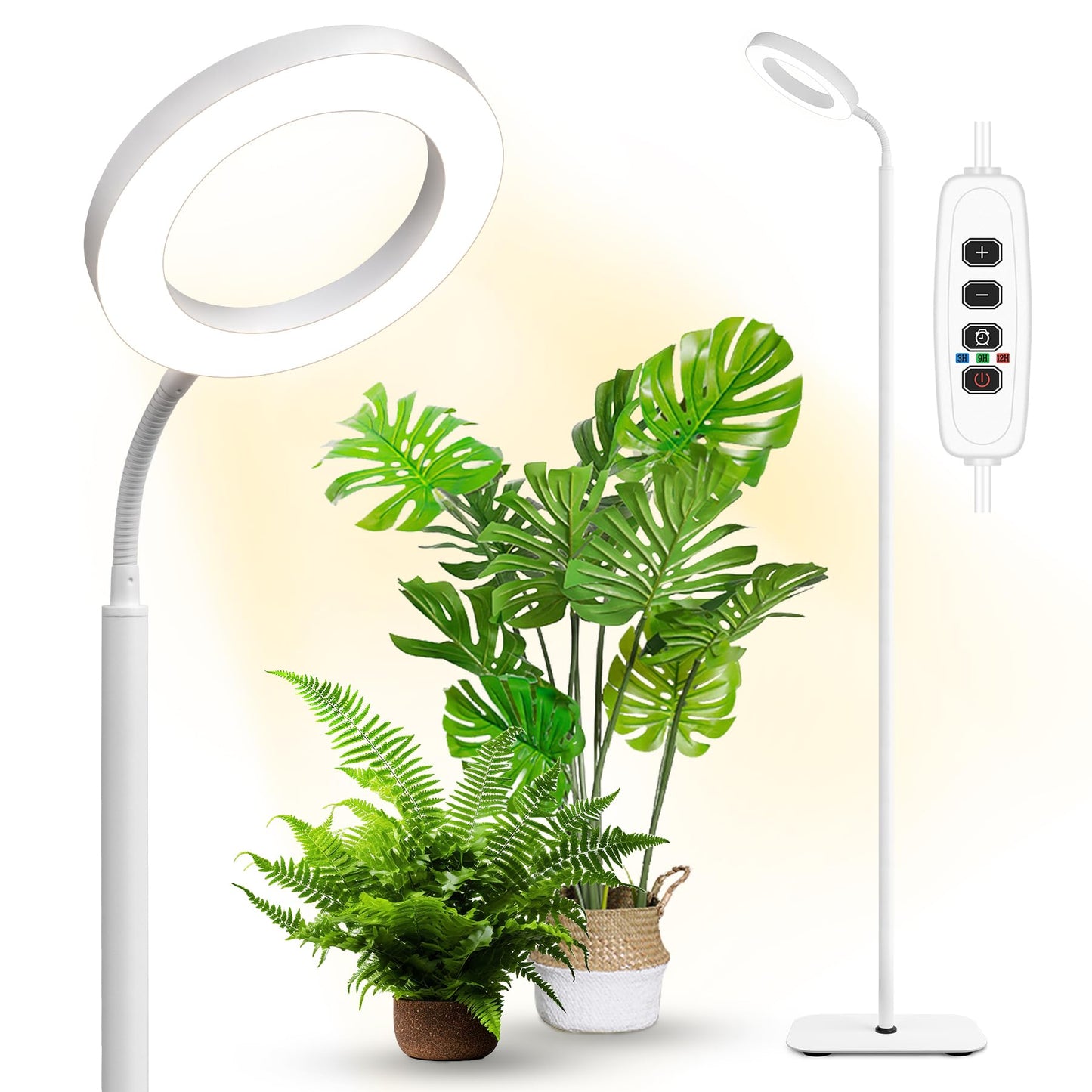 Skorter | Plant Growth Light, Growth Light For Indoor Plants Full Spectrum, 20W Led Floor Plant Growth Lamp With Height Adjustable Stand, Off Timer 3/9/12H, 10 Dimmable Brightness For Small Large Plants, Round