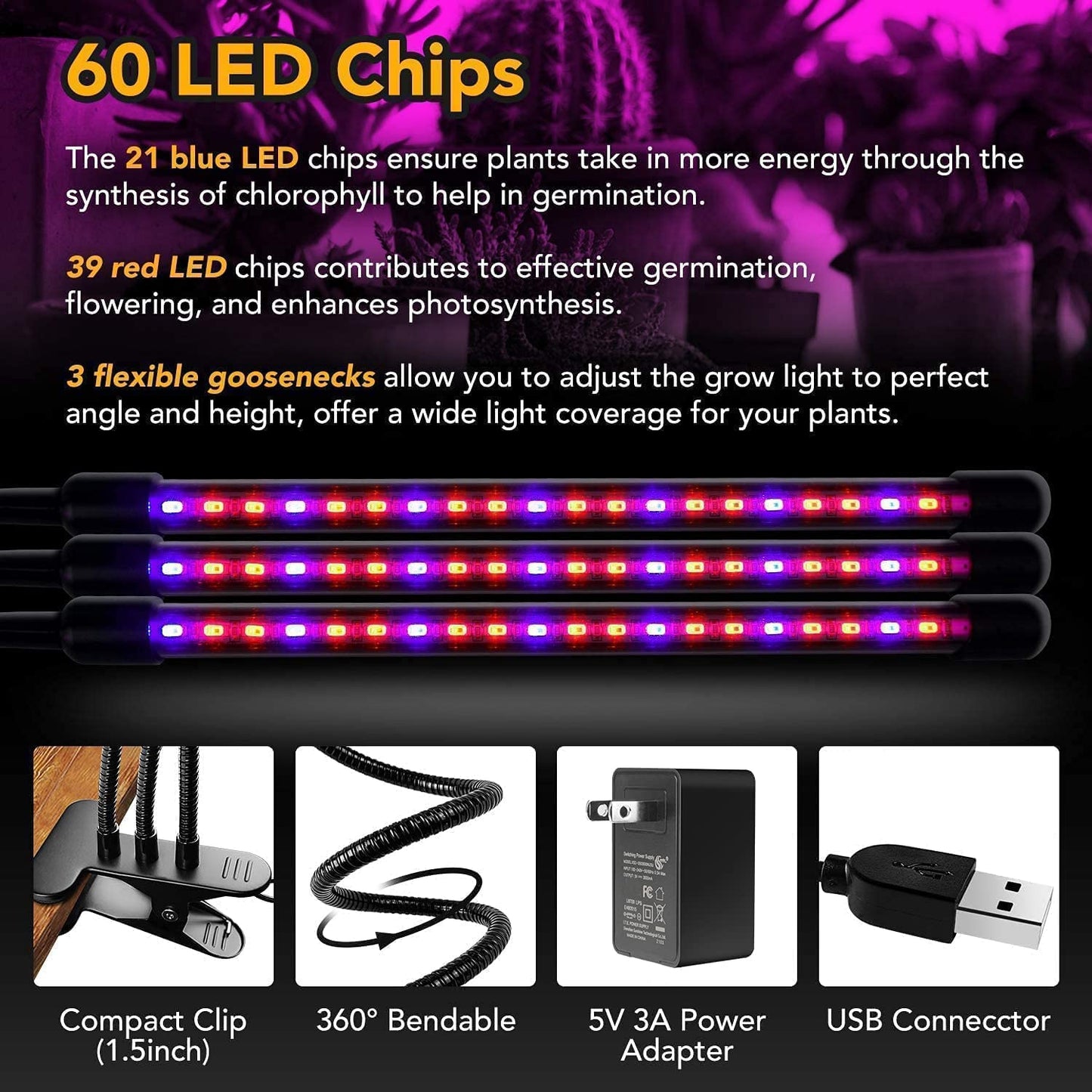 Skorter | Ipower 15W Triple Head Led Grow Light, Auto On/Off, Adjustable Red Blue Spectrum, 11 Dimmable Levels
