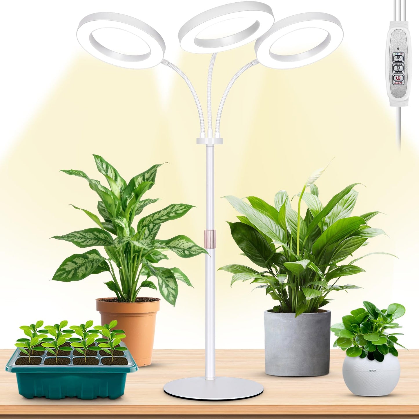 Skorter | Lbw Halo Plant Growth Light, Tri-Head Desk Growth Light For Indoor Growth, 72X3 Leds Full Spectrum Growth Lamp With 4/8/12H Automatic Timer, 4 Brightness Levels, Height Adjustable, Ideal For Indoor Plants, White