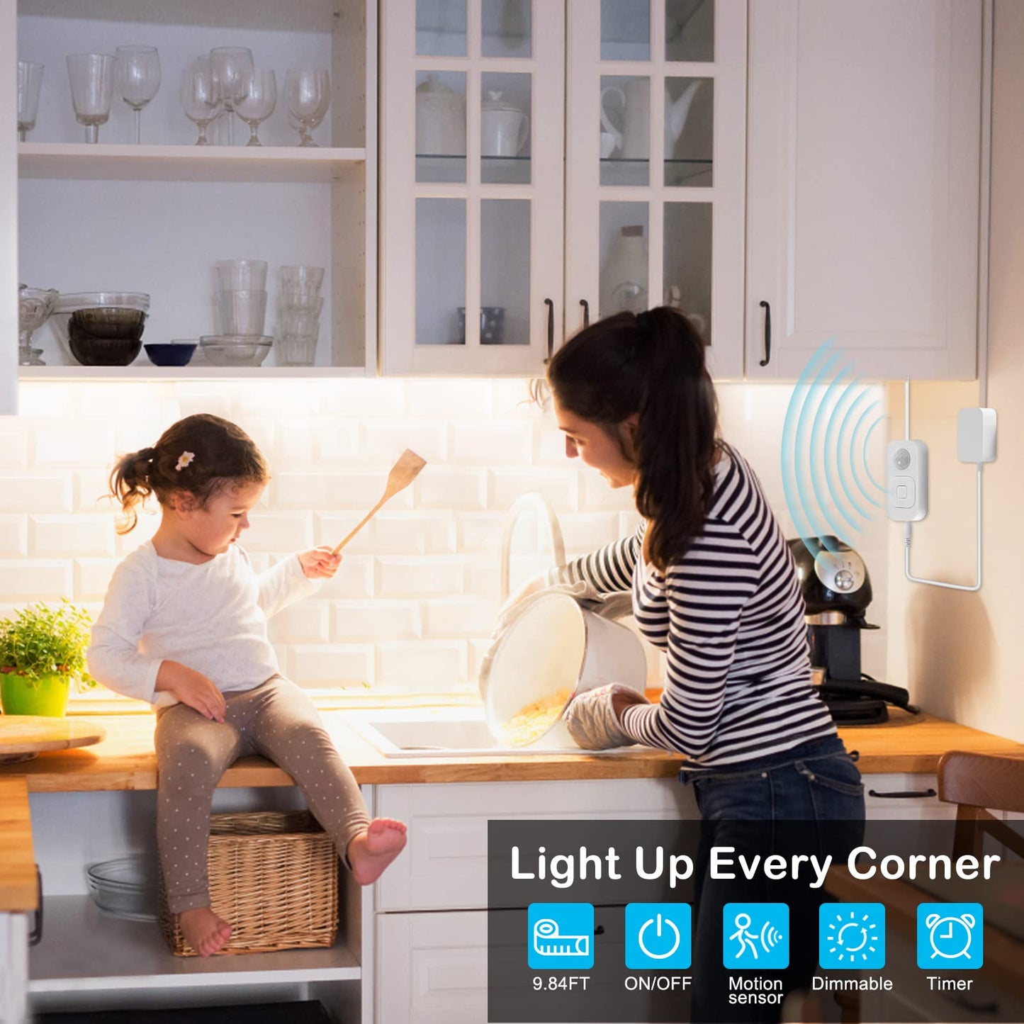 Skorter | Speycer motion sensor LED strip lighting, cool white, 9.84 feet - Indoor cabinet lighting with dimmer and timer