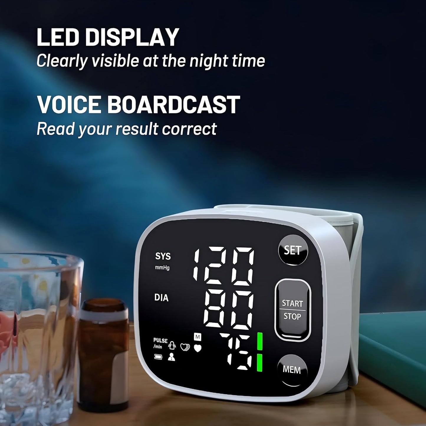 Skorter | Oklar Blood Pressure Monitors for Home Use Rechargeable Wrist Digital BP Machine Cuff with LED Backlit Screen, Voice Broadcast, 240 Memory Storage for 2 Users with Carrying Handle