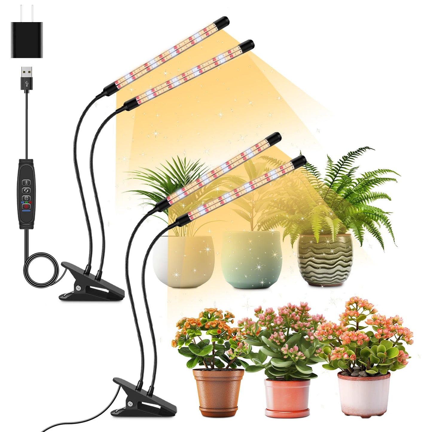 Skorter | Lpmzmbl 4 Heads Clamp Grow Light With V-shaped Design, Full Spectrum Grow Light For Indoor Plants, Adjustable 360° Gooseneck Grow Lamp, 3/9/12H Timer & 10 Dimming Levels For Plant Growth (2 Pack)