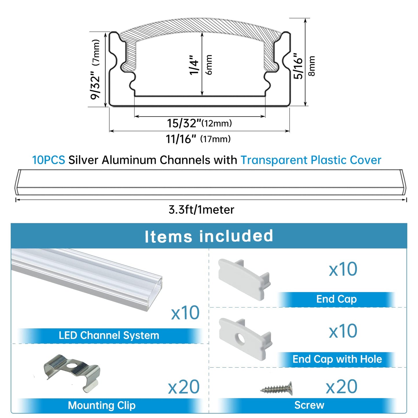 Skorter | Muzata 10-Pack 3.3Ft U Shaped Led Strip Channel, Silver Aluminum With Clear Cover