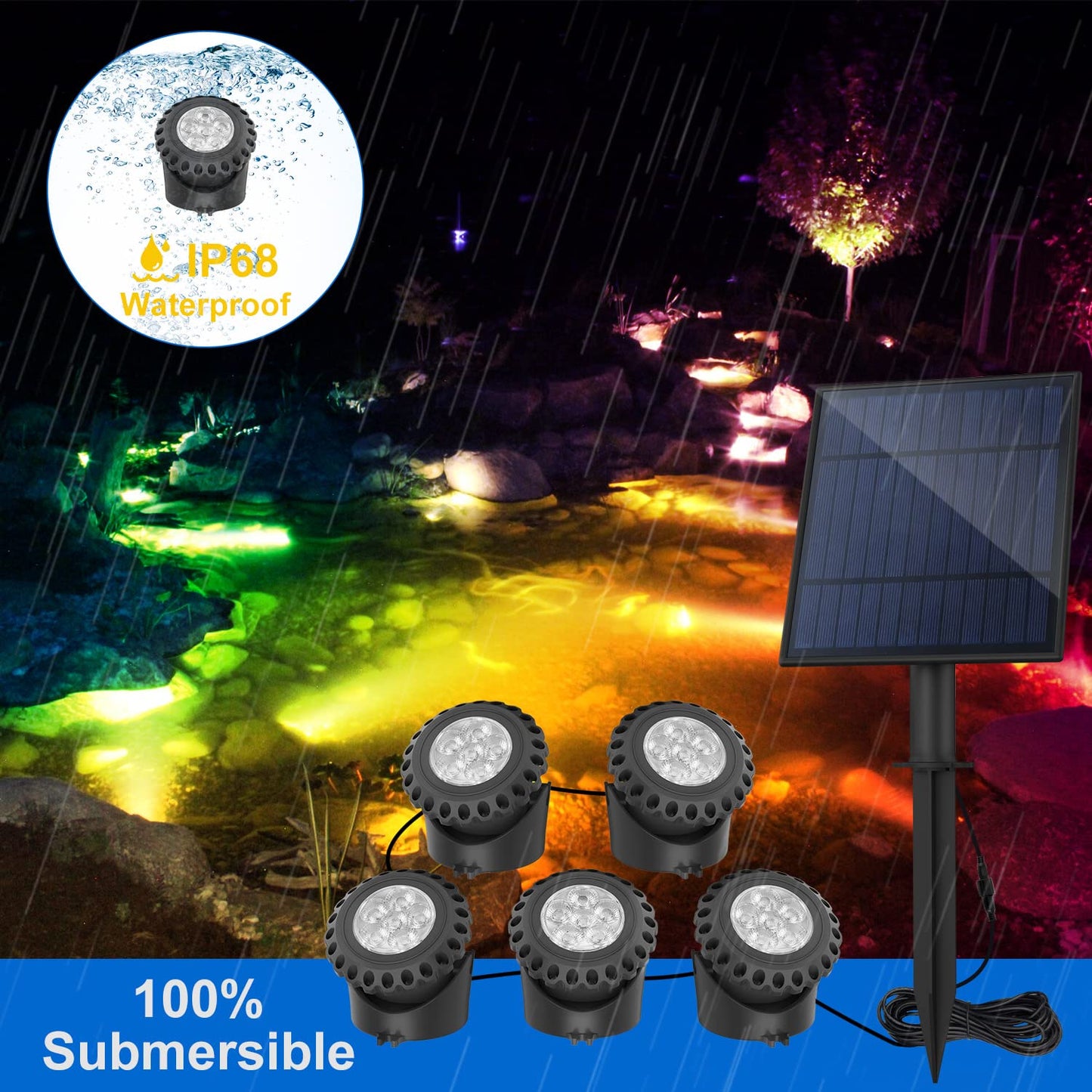 Skorter | T-Sun Sun Source Spotlight - 5 RGB LED Underwater Lights, IP68 Waterproof for Garden & Aquarium