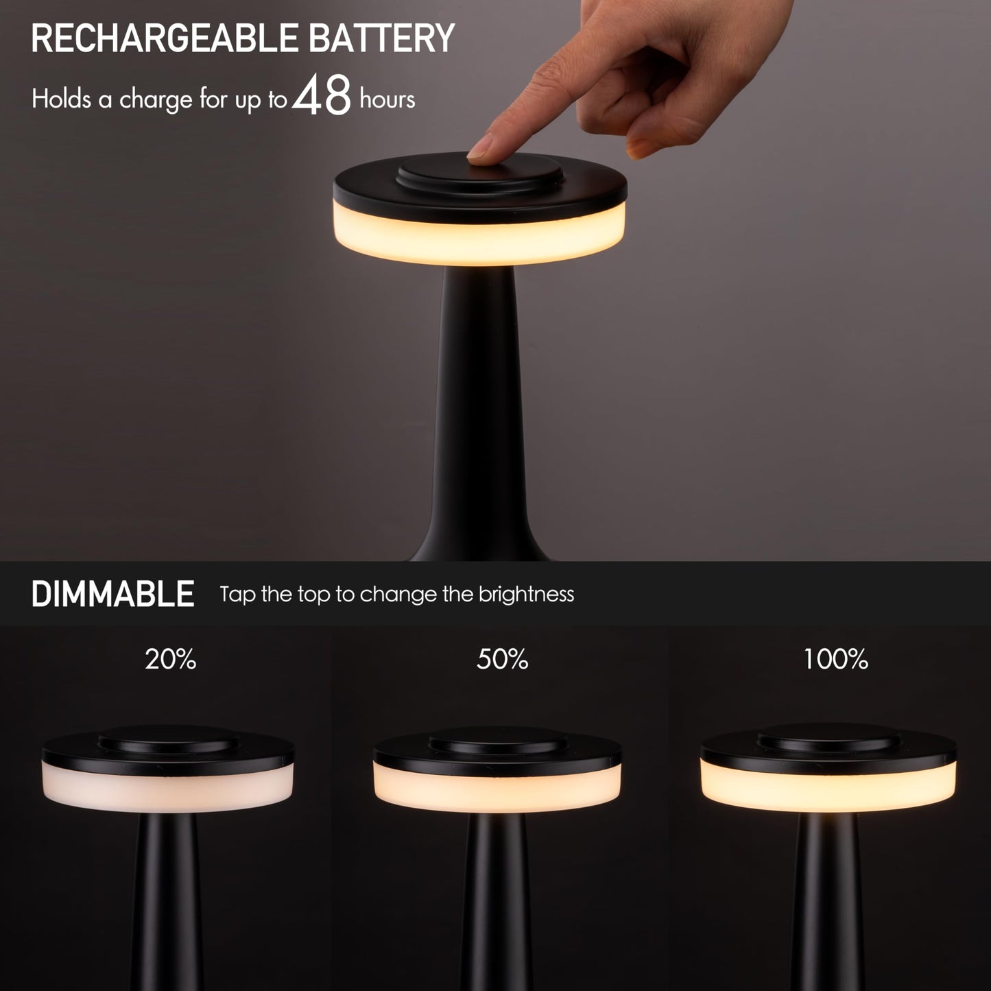 Skorter | O'Bright Portable Led Table Lamp, Touch Sensor, 3 Brightness Levels, Rechargeable Night Light - Matte Black
