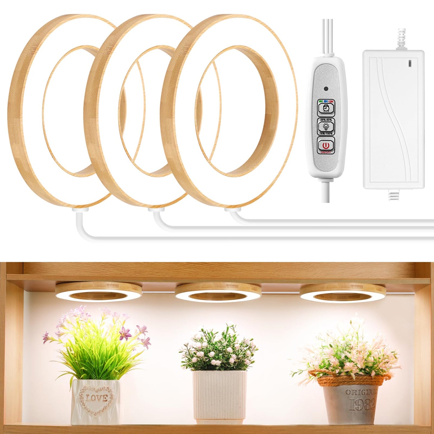 Skorter | Lordem 6.3" Bamboo Ceiling Grow Lamp For Indoor Plants, 216 Leds Full Spectrum Halo Plant Light, Under Cabinet Grow Light With 4/8/12H Auto Timer Switch Modes, 4 Dimmable Brightness Levels, Tri Head