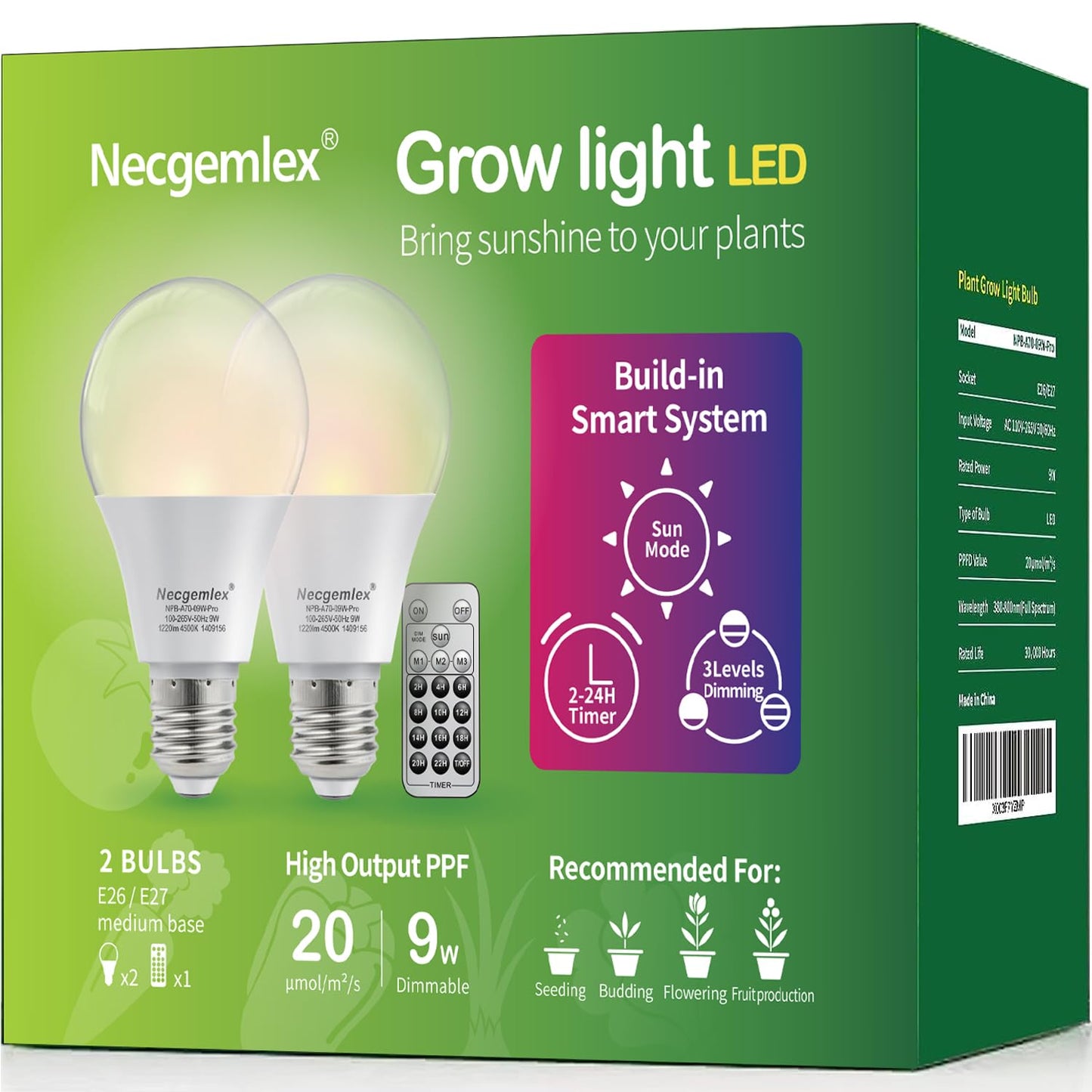 Skorter | Necgemlex Smart LED Grow Light Bulbs With Remote Control, Solar Mode, Built-in Daily Automatic Timer, 4500K, A21/A70 E26/E27 9W Dimmable Full Spectrum Grow Bulbs For Indoor Plants, 2 Pack