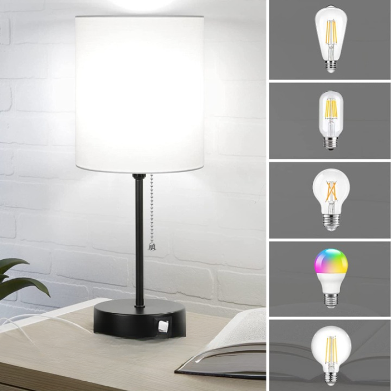 Skorter | Table lamp set of 2 with USB charging ports, gray bedside lamps with AC outlet, bedside lamps with pull switch, minimalist modern desk lamps with fabric shade for living room bedroom office