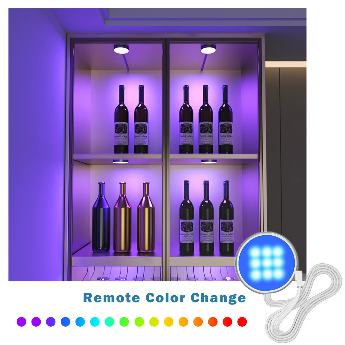 Skorter | Myplus Rgb Under Cabinet Lighting Kit - 4 Puck Lights With Remote Control, Color Changing Leds