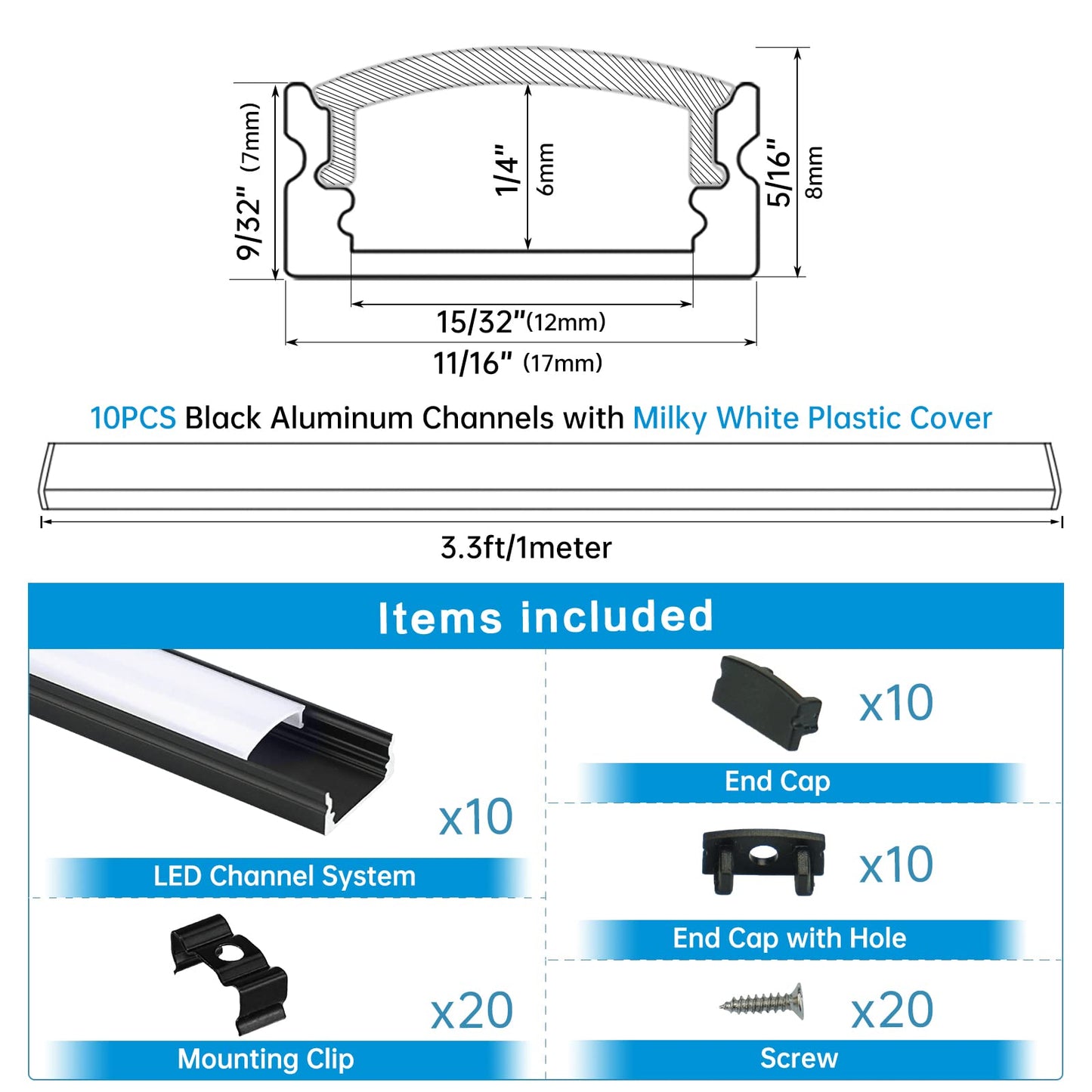 Skorter | Muzata 10Pack 3.3Ft Led Channel, Black Aluminium U Shape Diffuser With Milk White Cover, 1