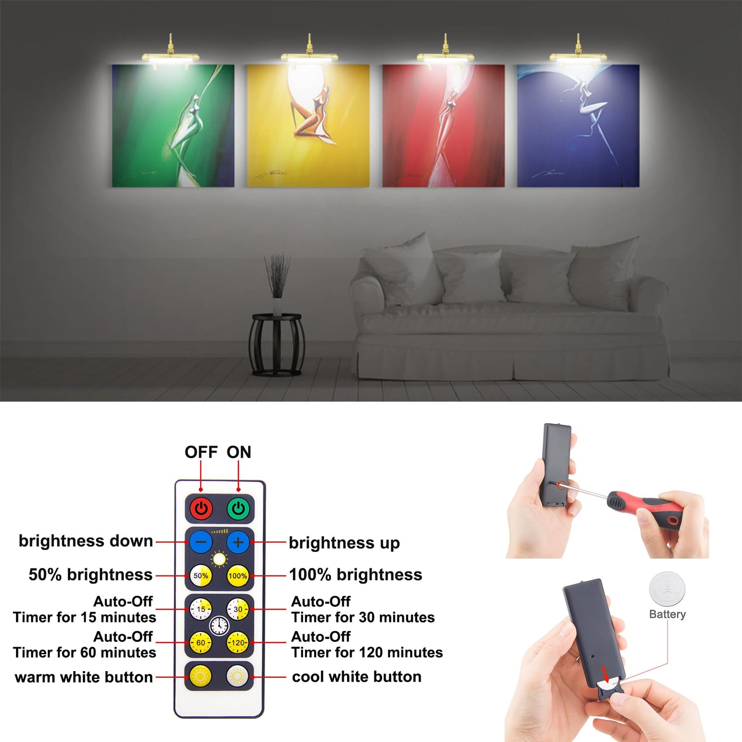 Skorter | Luxsway Wireless Picture Frame Light, Rechargeable Clip-On Art Lamp, 28 LEDs, Remote Control, Gold