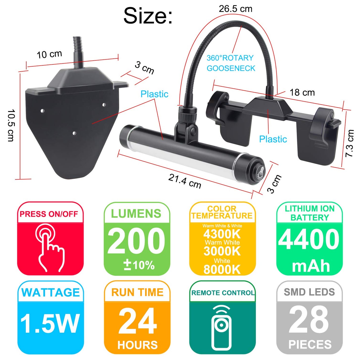 Skorter | Honwell Wireless Dartboard Light With Remote Control, 28 LEDs, 360° Flexible Neck, Rechargeable - Black