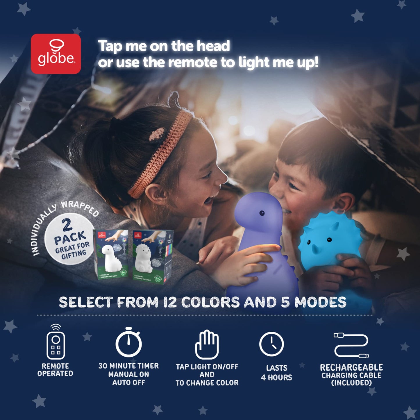 Skorter | Globe Electric Dinosaur Natural Light Duo – 6" Triceratops & 9" Brontosaurus, Led, Rechargeable,