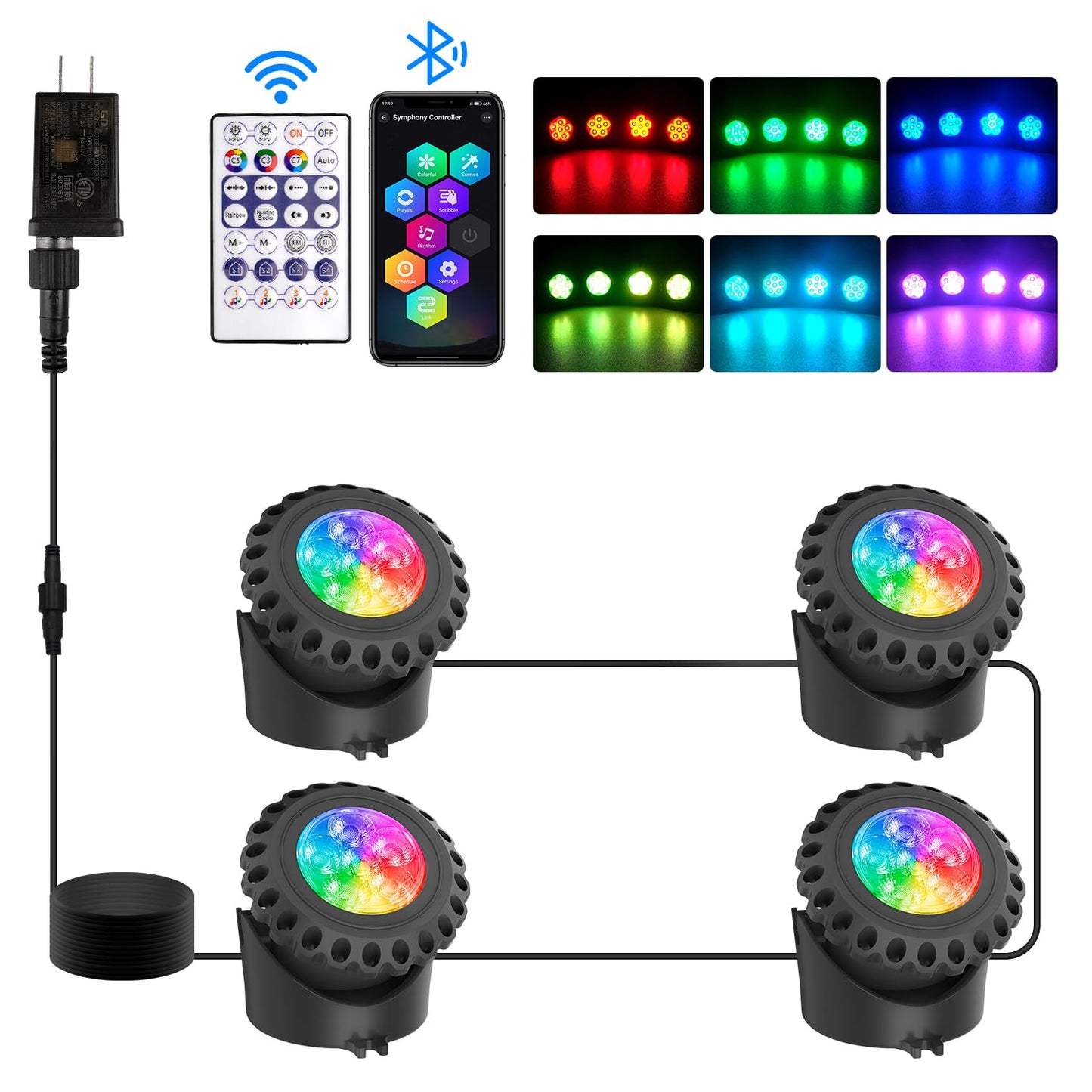 Skorter | T-Sun Color Changing Led Pond Light - Submersible, Bluetooth, Remote Control, Ip68 Waterproof (4 Pack)