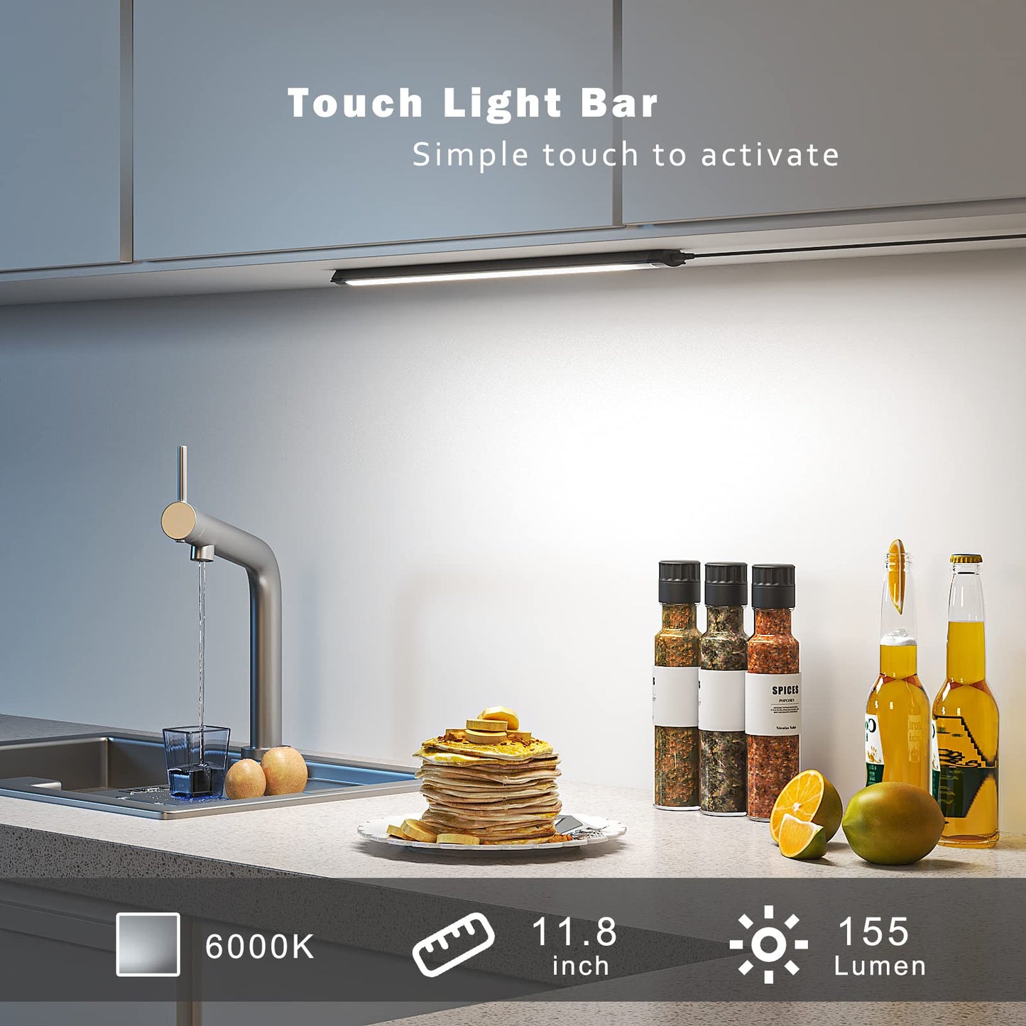 Skorter | Myplus 12" Touch Activated Dimmable Led Under Cabinet Light - Cool White 6000K, Plug-In, Black