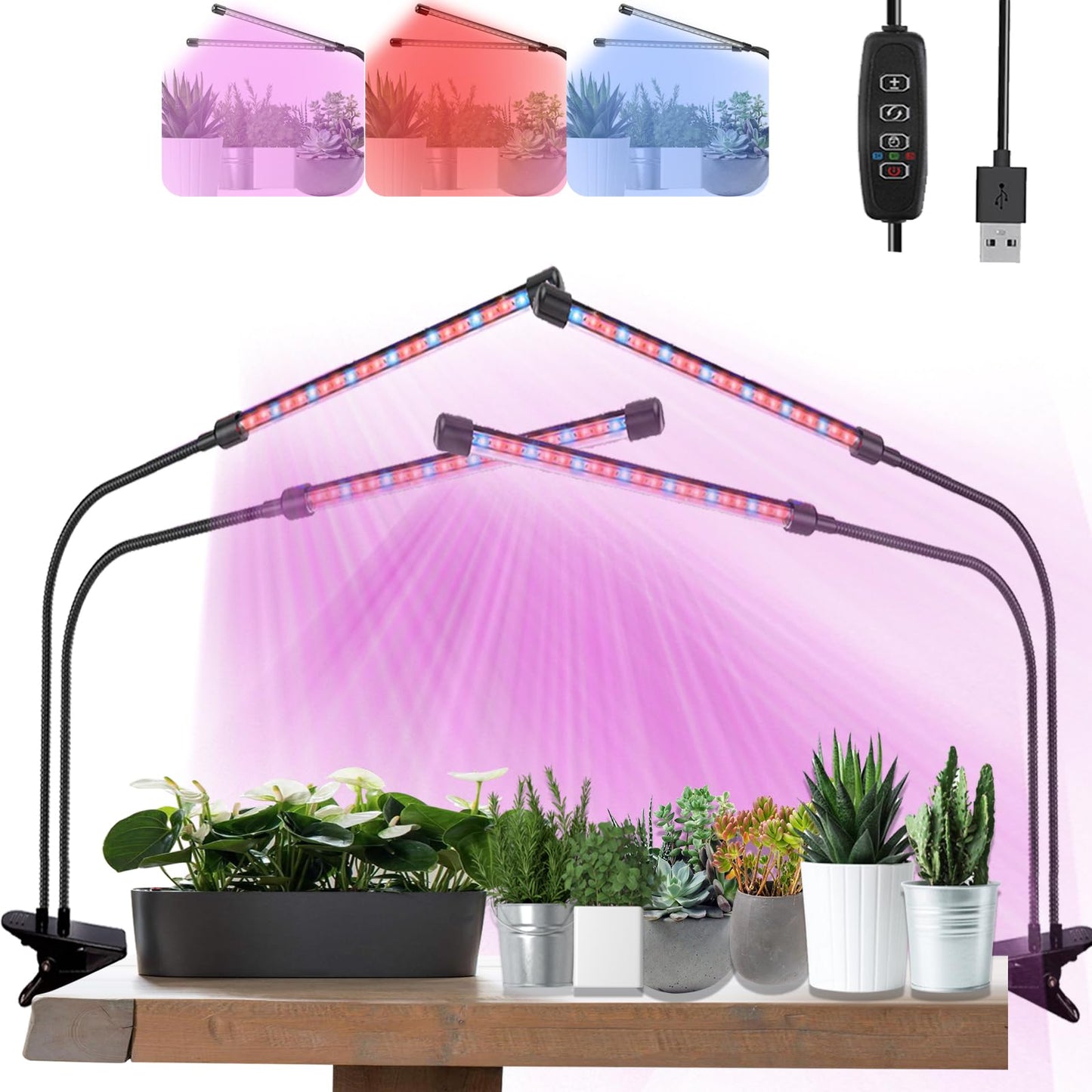 Skorter | Otryad Grow Light For Indoor Plants, Full Spectrum Plant Growth Light Sources With Auto On Off 3/9/12H Timer, 9 Level Dimmable, 3 Light Modes Clamp On Grow Light For Indoor Seed Starting/Succulents, 2 Packs
