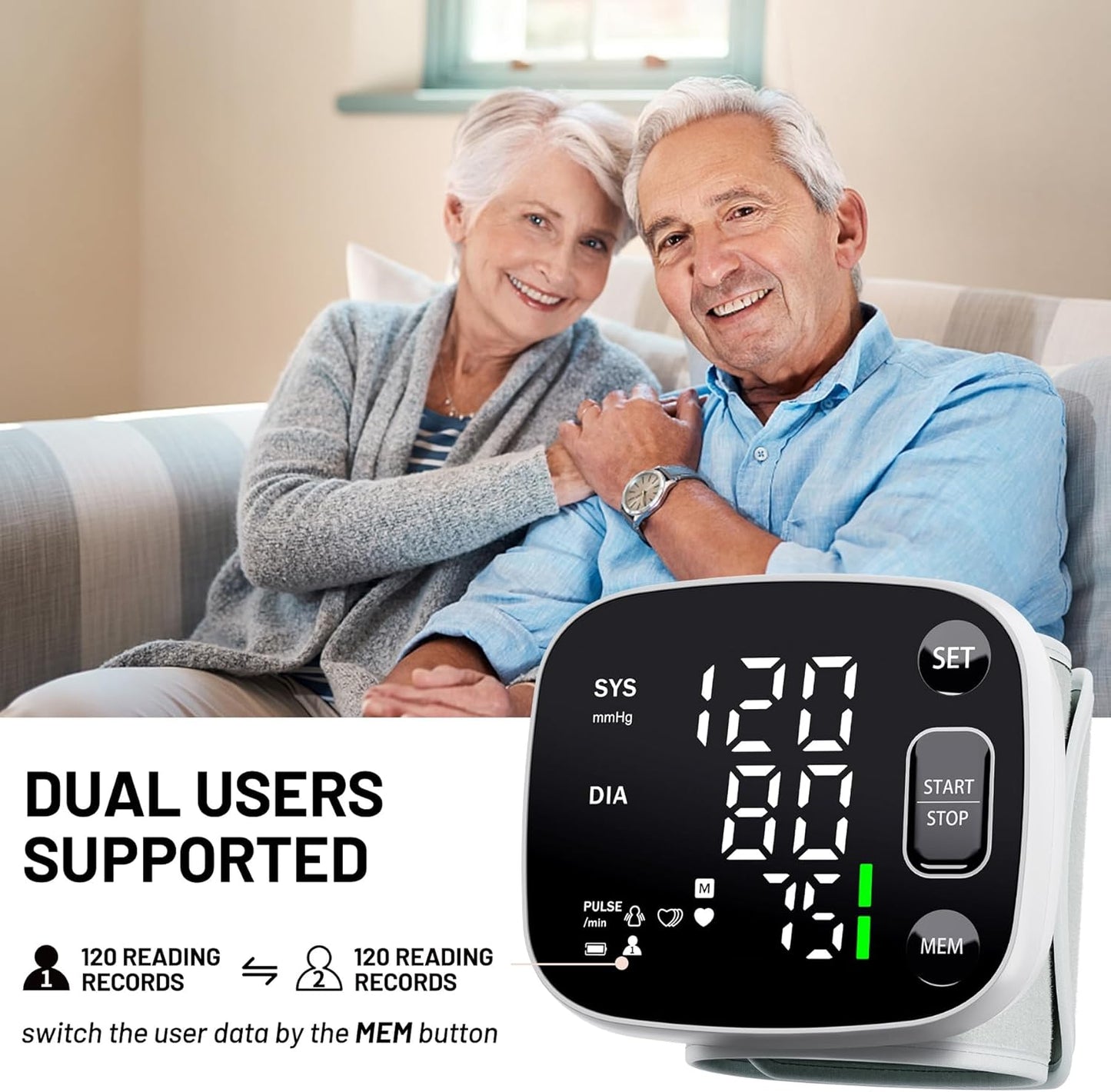 Skorter | Oklar Blood Pressure Monitors for Home Use Rechargeable Wrist Digital BP Machine Cuff with LED Backlit Screen, Voice Broadcast, 240 Memory Storage for 2 Users with Carrying Handle