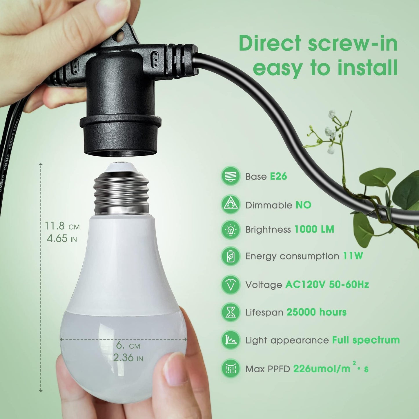 Skorter | Briignite Led Hanging Grow Light, 3 Replaceable Bulbs, Full Spectrum, 300W Equivalent