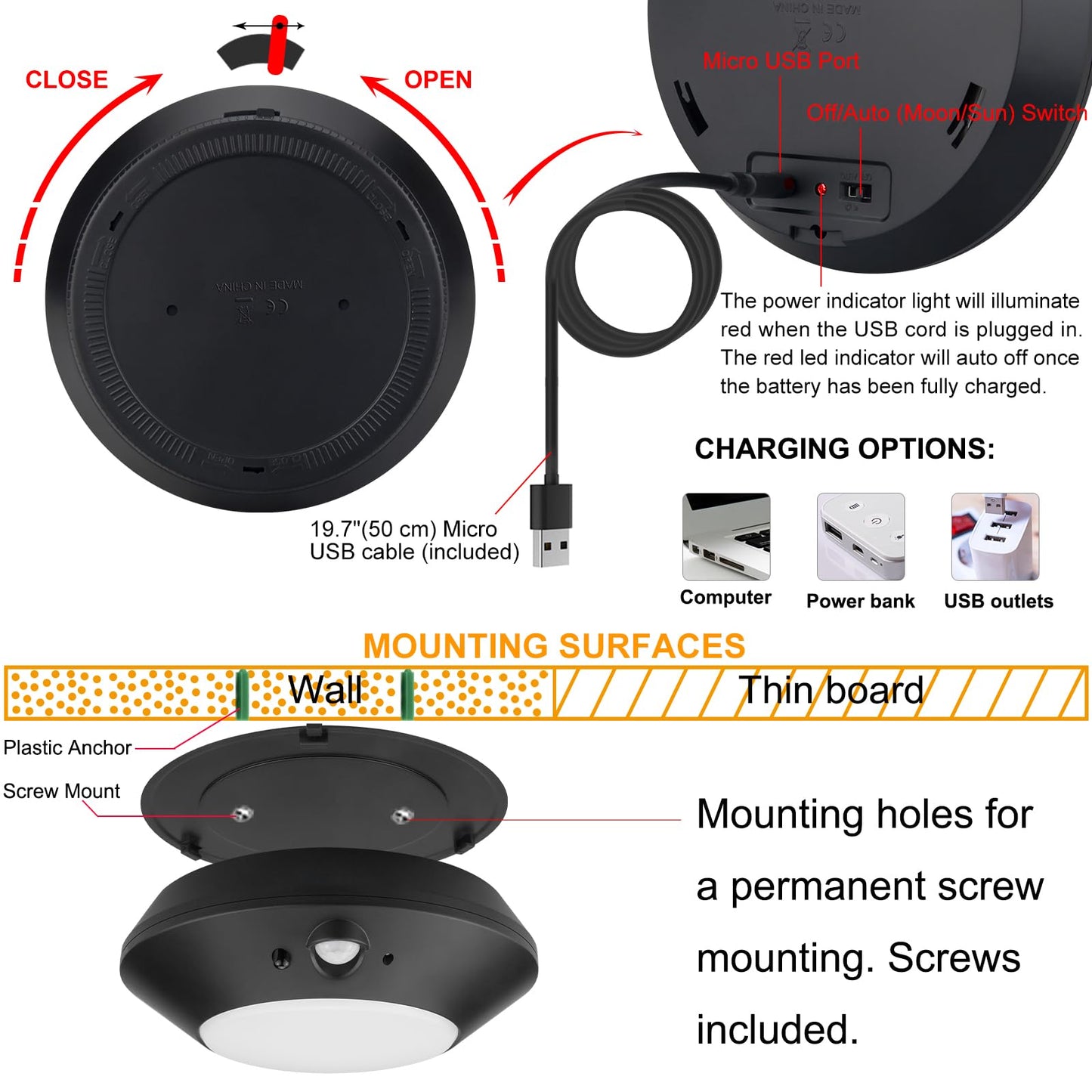Skorter | Bigmonat Motion Sensor Led Light, Wireless Color Changing Shower Light, Rechargeable, 220Lm, Black
